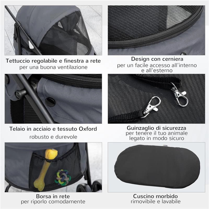 PASSEGGINO PER CANI PIEGHEVOLE CON TETTUCCIO REGOLABILE, BORSA E 2 GUINZAGLI, 82X47X97 CM, GRIGIO E NERO