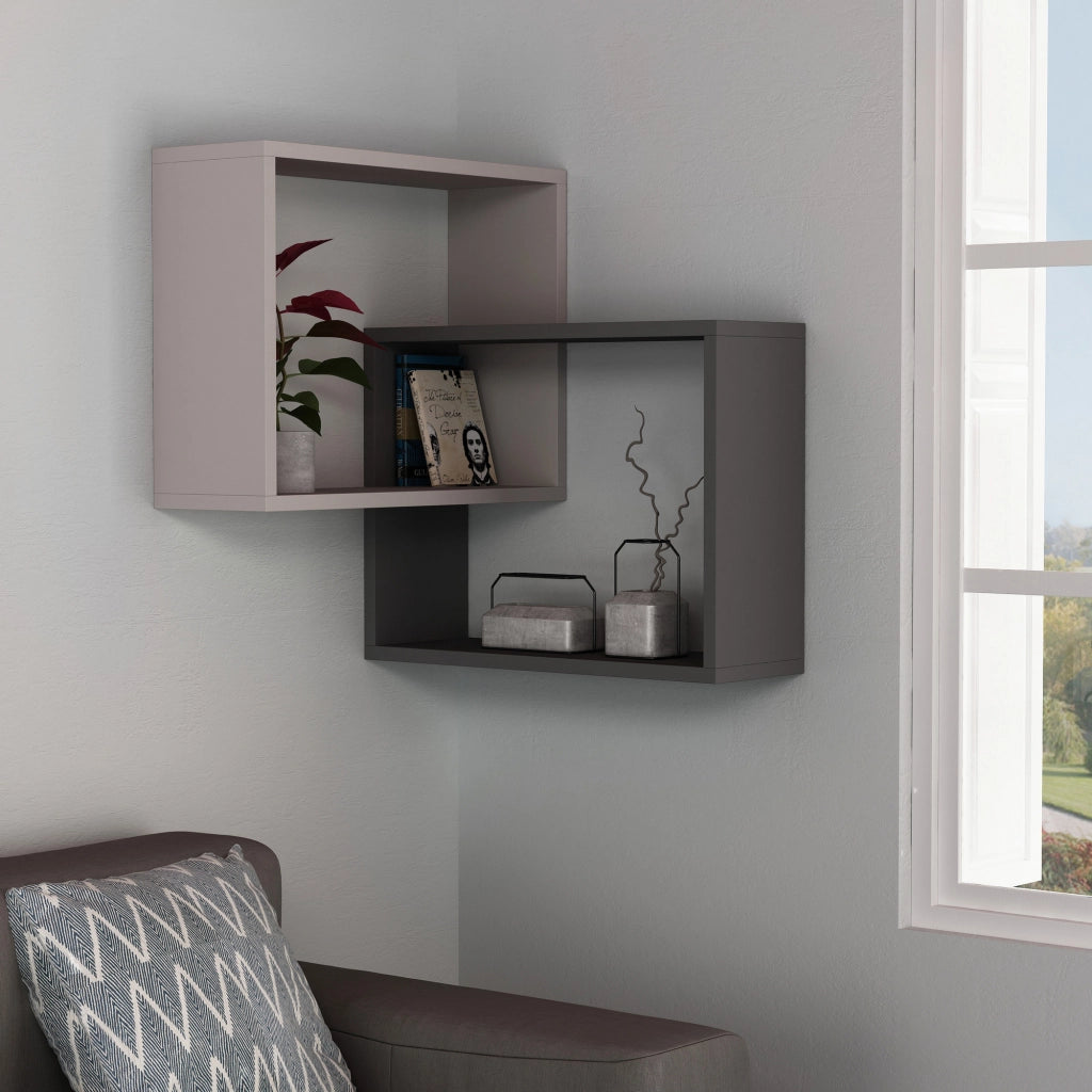 Set di 2 mensole angolari da parete in legno "Ring" - 68 x 60 x 68 cm - Marrone chiaro moka