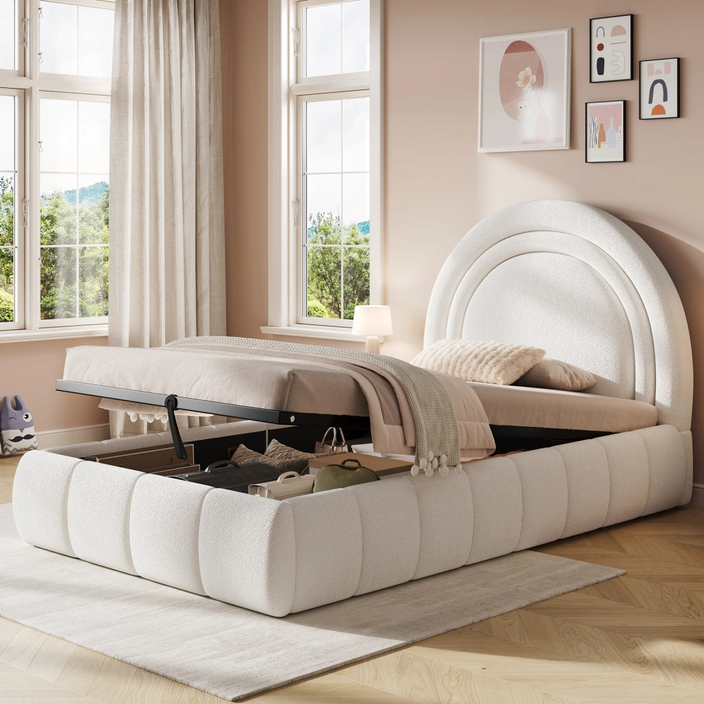 Letto per bambini 90 × 200 cm con contenitore idraulico e testiera imbottita, senza materasso, in bouclé beige