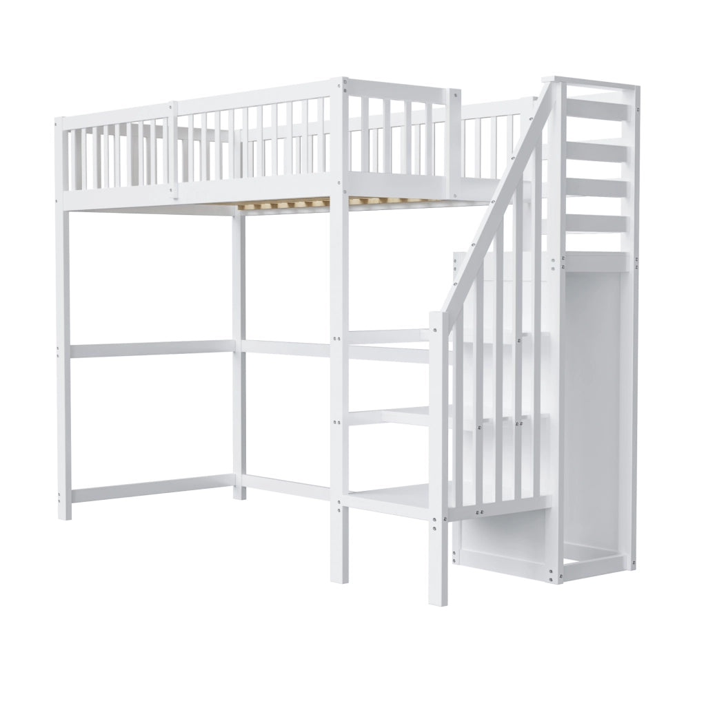 Letto a soppalco 90x200 cm; con scala e armadio; legno; bianco (Senza materasso)