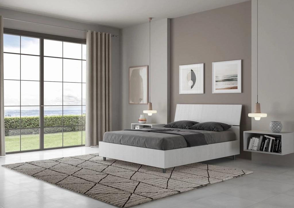 Letto Matrimoniale Francese 140x190 cm con Rete e Contenitore Demas Testata Inclinata Bianco Frassino
