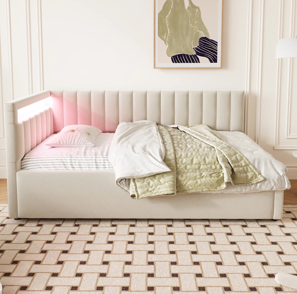 Letto imbottito 90x200 cm con LED; contenitore idraulico; velluto beige