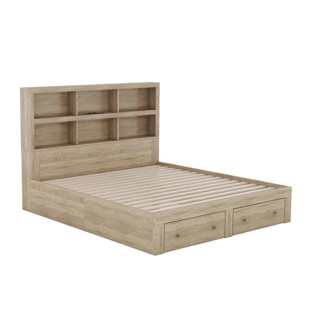 Letto con Cassetti Letto Matrimoniale; USB; 6 Ripiani e 2 Cassetti; 160×200 cm; senza Materasso; Truciolato; Naturale