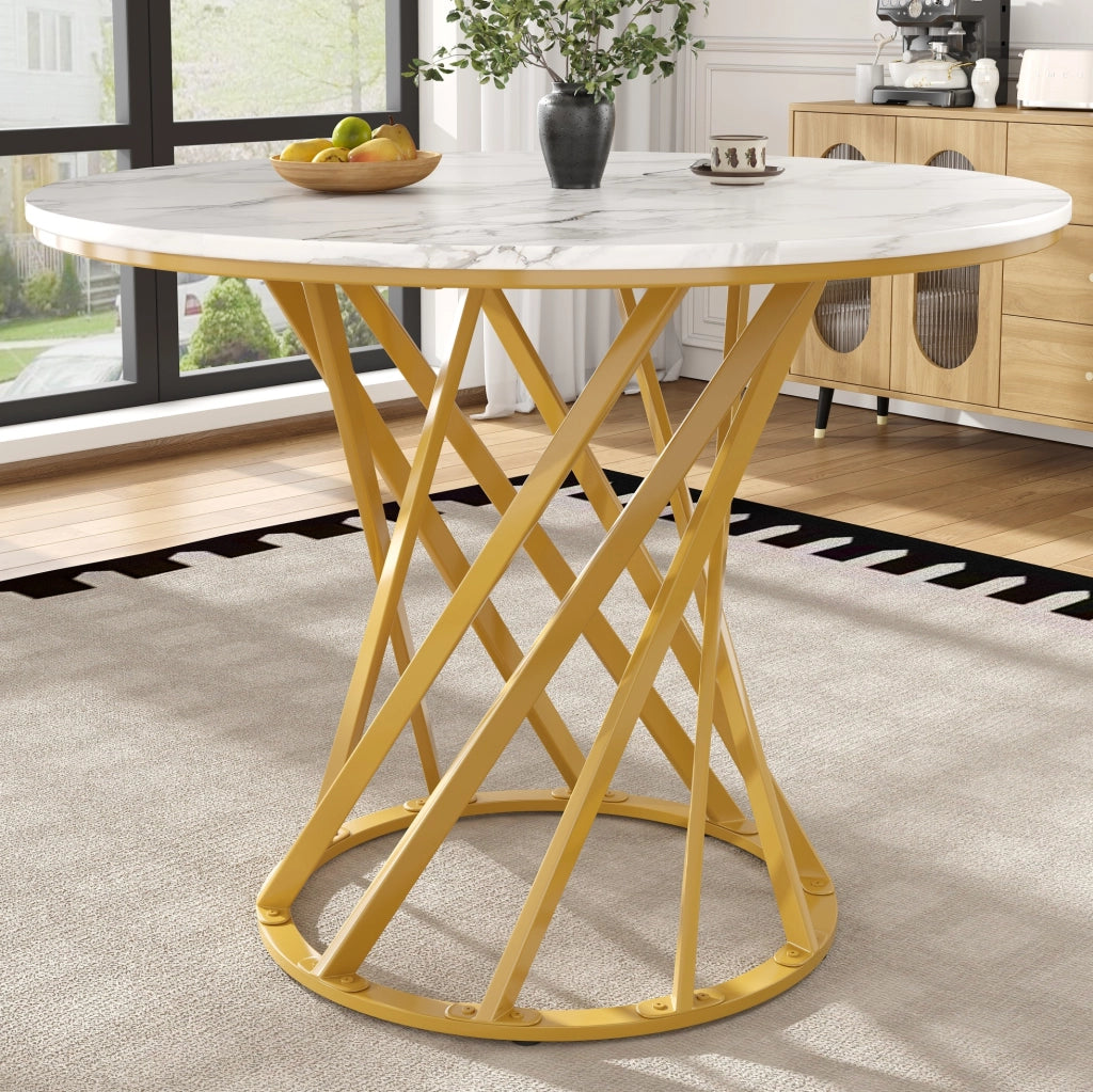 Tavolo da pranzo 80x80x76 cm con gambe regolabili; MDF e metallo; bianco e oro