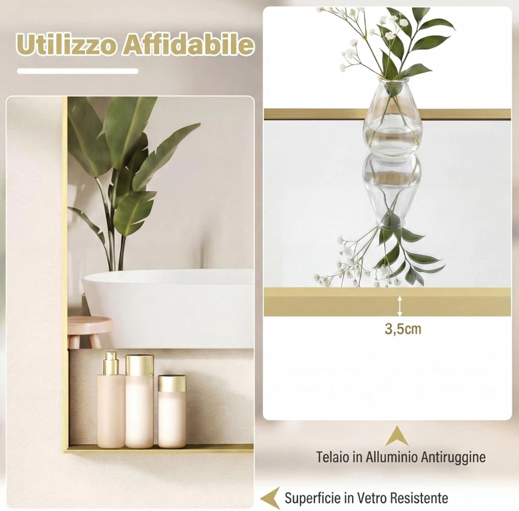 Specchio da Bagno LED 80 x 60 cm con Mensola, Specchio da Trucco con Cornice in Alluminio, Funzione Antiappannamento, 3 Colori di Luce e Luminosità Regolabile