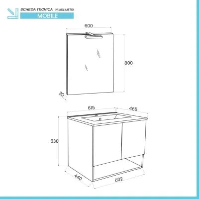 Mobile bagno sospeso 60 rovere grigio con lavabo e specchio LED  Oslo