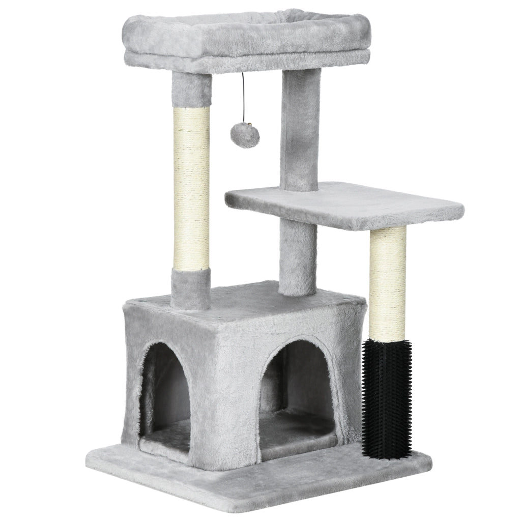 Albero tiragraffi per gatti con cuccia lavabile e pallina sospesa, grigio chiaro, 48x48x85 cm