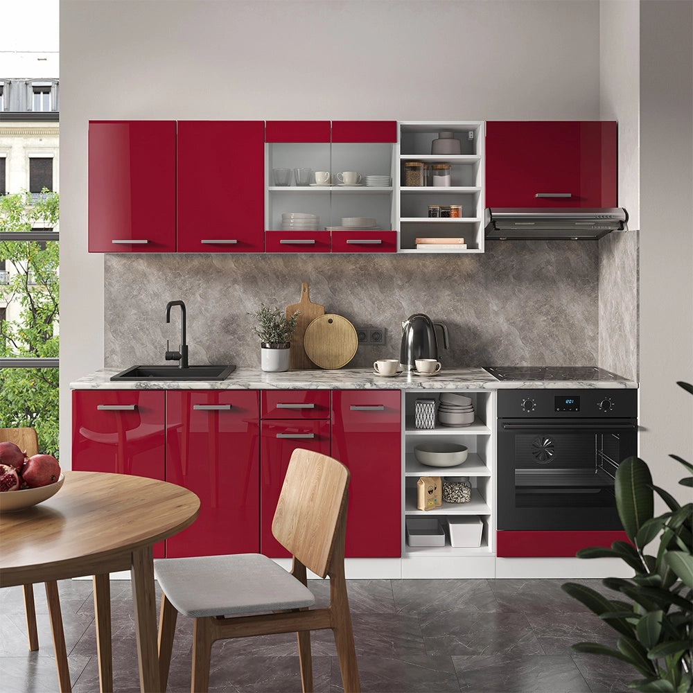 Cucina componibile R-Line Rosso lucido/Bianco 240 cm, PL Marmo Vicco