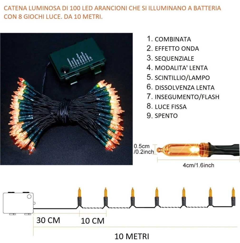 Catena luminosa 100 LED luce arancione a batteria da esterno per halloween 10 mt