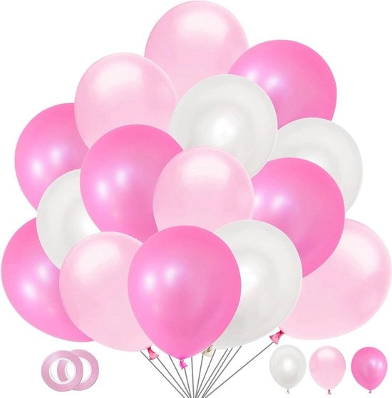 60 palloni gonfiabili bianco-rosa in lattice - pallone ad elio - palloni per San Valentino - palloni per compleanni - palloni per matrimoni - palloni per lauree - palloni per battesimi di bambina.