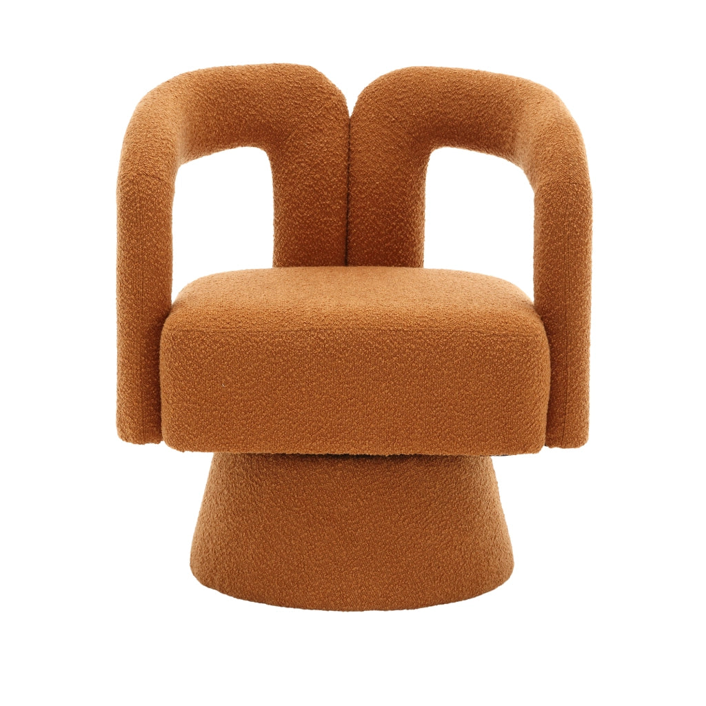 Poltrona girevole 360° in bouclé arancione con base in metallo, seduta imbottita e struttura robusta