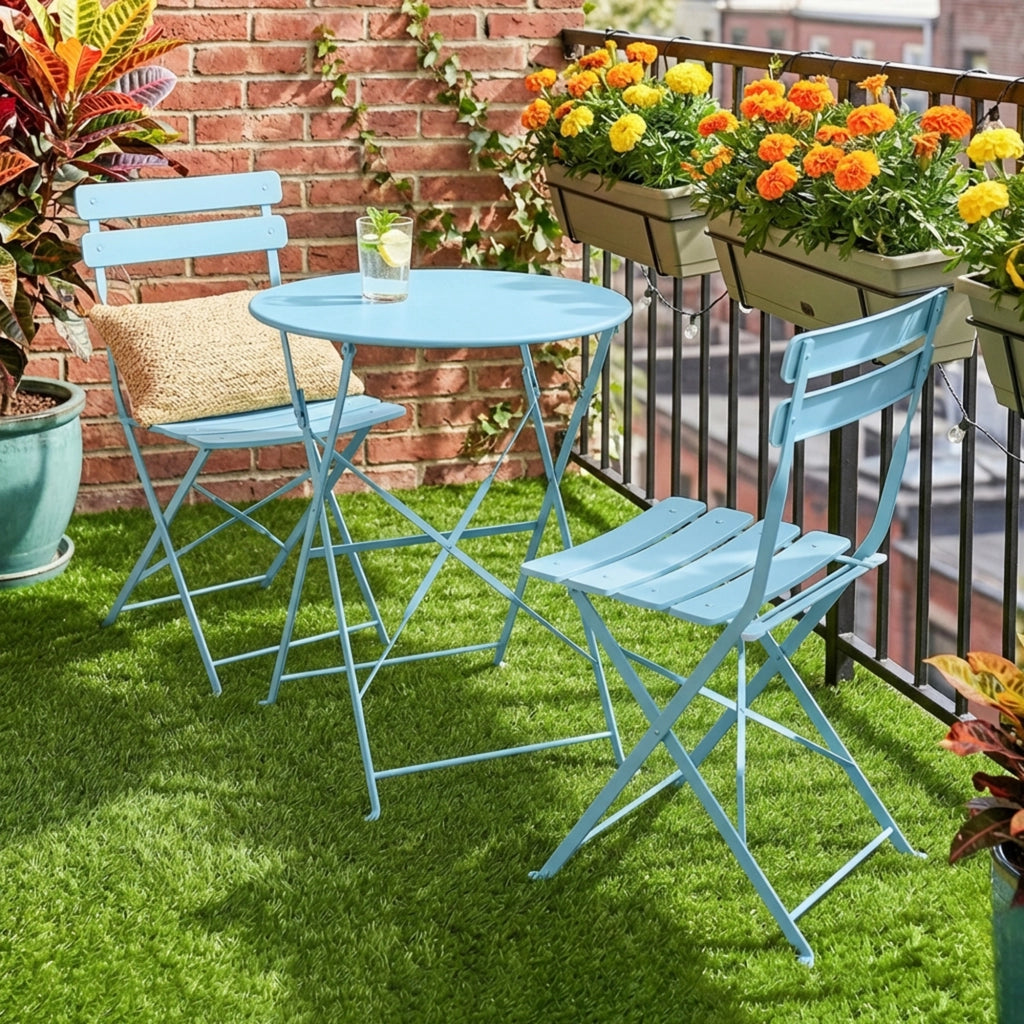 Set Bistrot da Giardino 3 Pezzi ¨C zephmum ¨C Tavolo e 2 Sedie Pieghevoli, Legno, Blu Chiaro