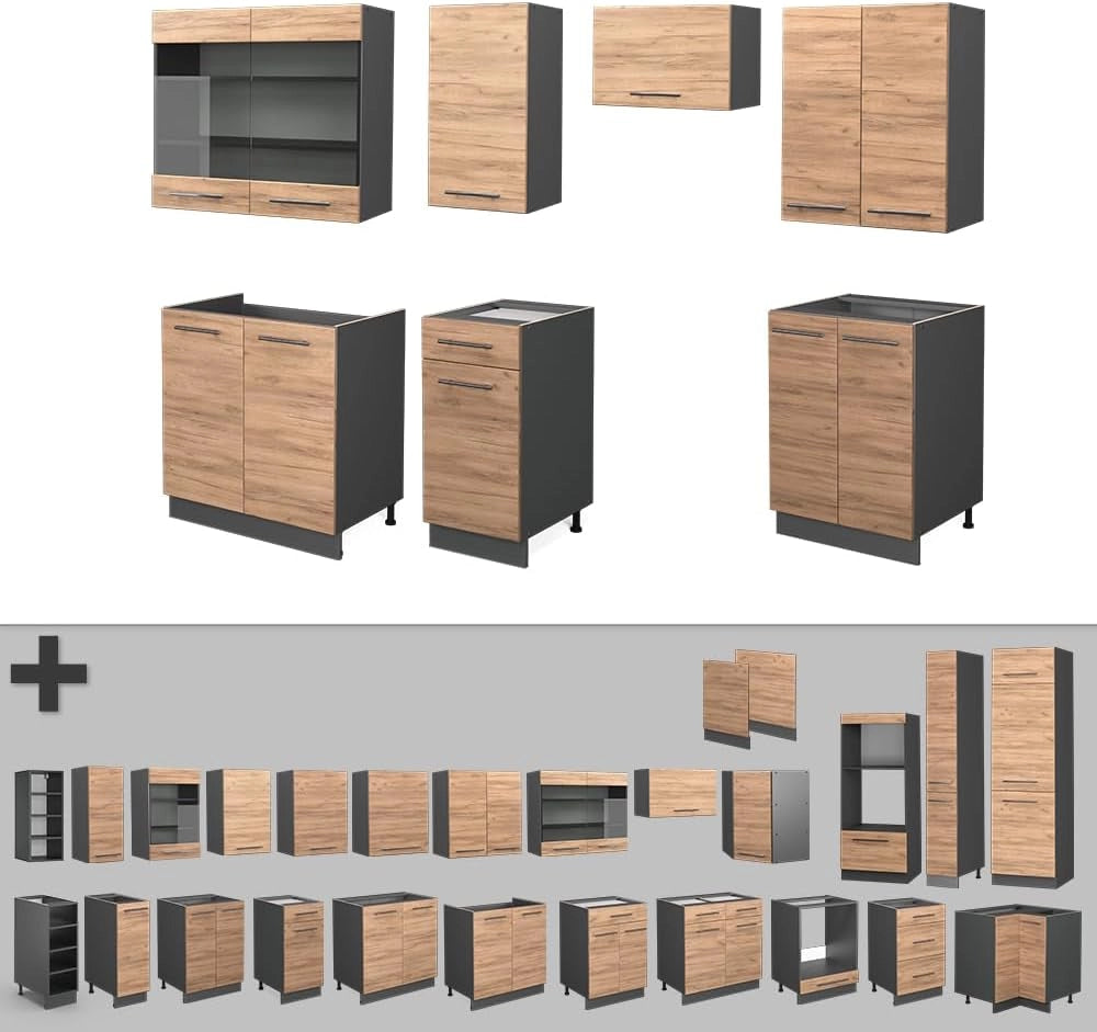 Cucina componibile Fame-Line, Quercia dorata/antracite, 240 cm senza piano di lavoro, adatto per l'espansione individuale con moduli aggiuntivi