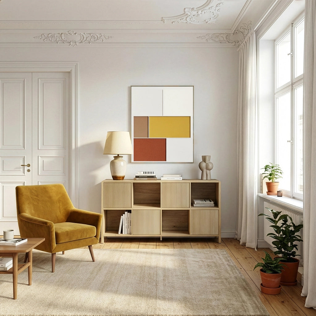 Credenza Bassa Lukkodso con 4 Ante e Scomparti Aperti 77x145x30 cm Effetto Rovere medio-chiaro [en.casa]