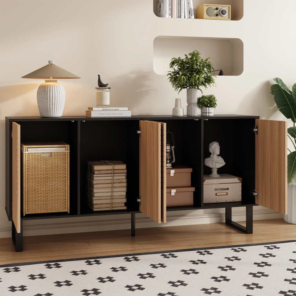 Mobile TV con 4 Ante e Vani Aperti; Frontali 3D a Righe; Stile Moderno; in MDF; 160??38??75 cm; Nero Naturale