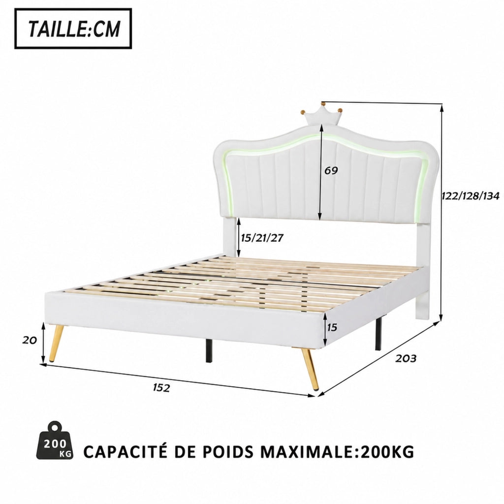 Letto per bambini imbottito 140x200 cm con LED; testiera a conchiglia con corona; bianco