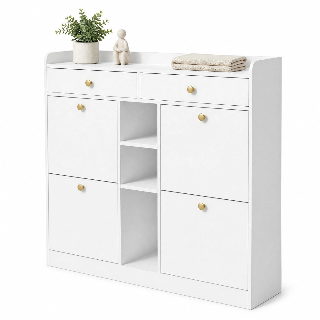 Scarpiera bianca 110x26x100 cm con 4 ante a ribalta; 2 cassetti e 3 vani