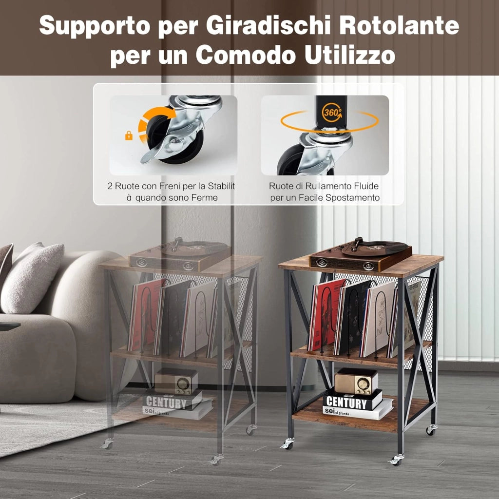 Supporto per Giradischi, Supporto per Giradischi in Vinile con Ruote Bloccabili, 3 Livelli, per Soggiorno, Camera da Letto, 52 x 45 x 75 cm