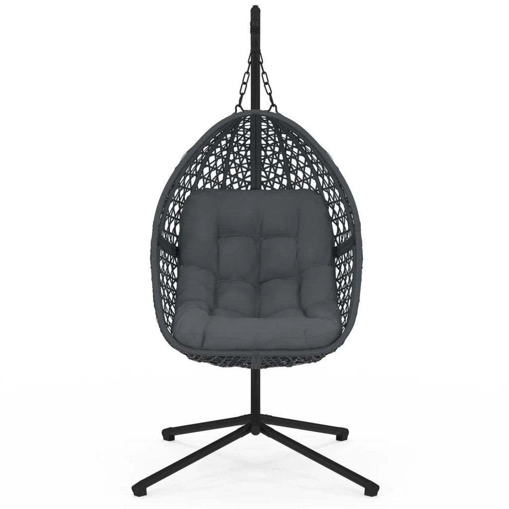 IDMarket - Poltrona a luna sospesa in rattan traforato con cuscino grigio