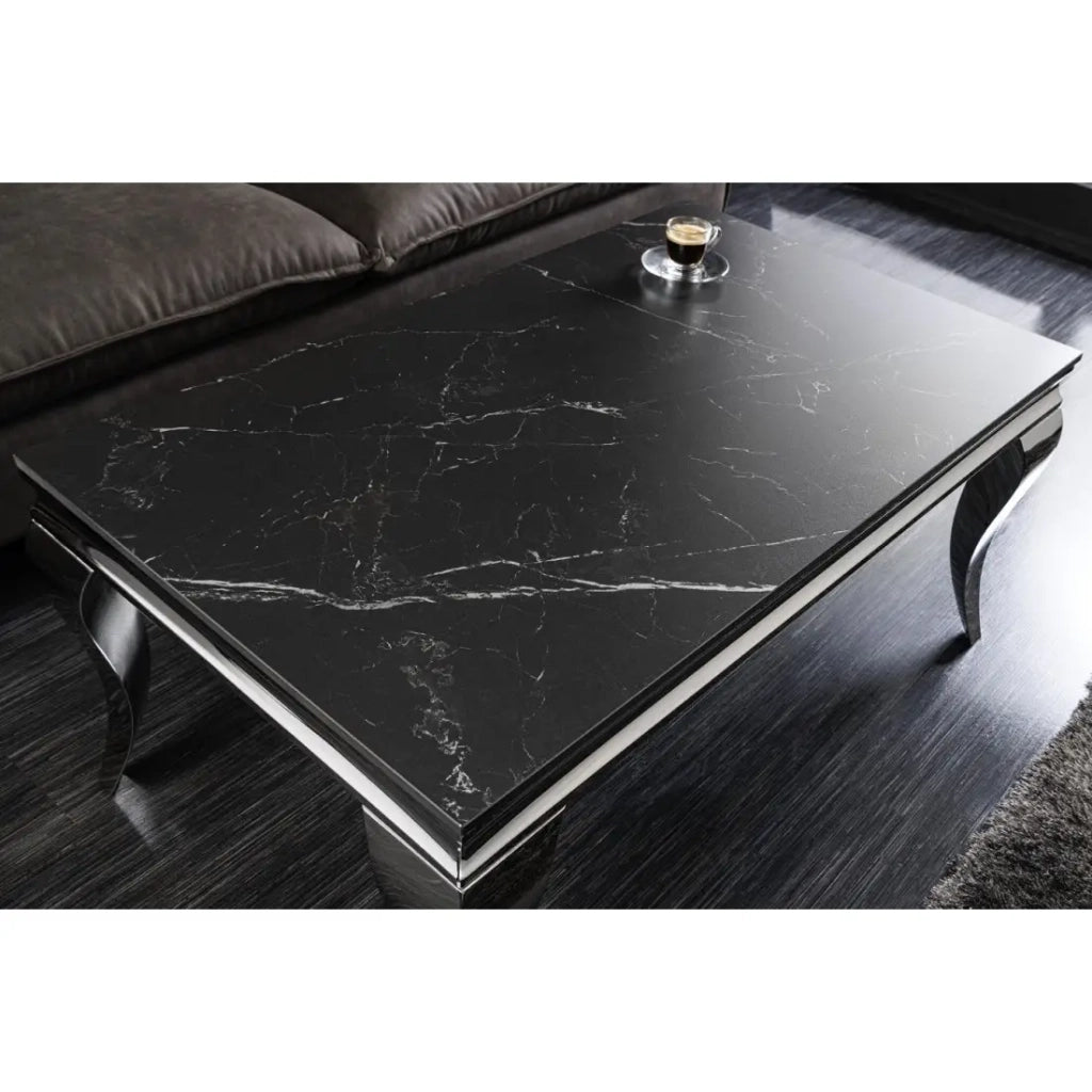 Tavolino basso VELENA 100 cm effetto marmo nero in pietra sinterizzata – Gambe curve argentate