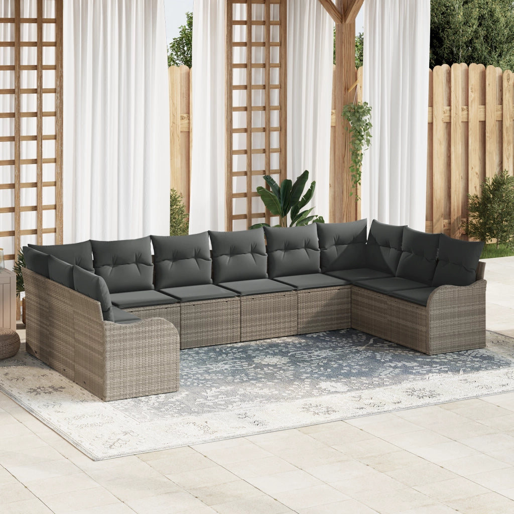 Set di divani da giardino  10 pezzi con cuscini grigio chiaro in polyrattan