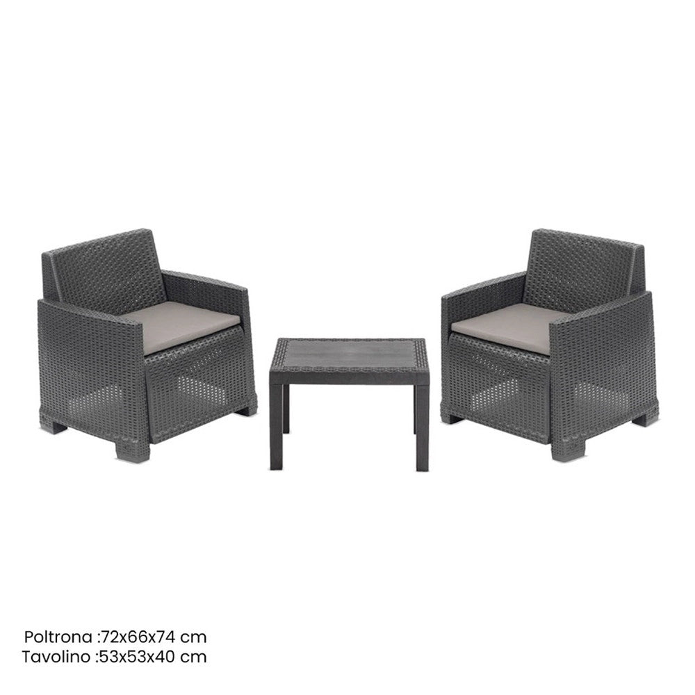 Trade Shop - Set Salotto Da Giardino Con 2 Poltrone Cuscini Tavolino In Polipropilene Effetto Rattan - Antracite