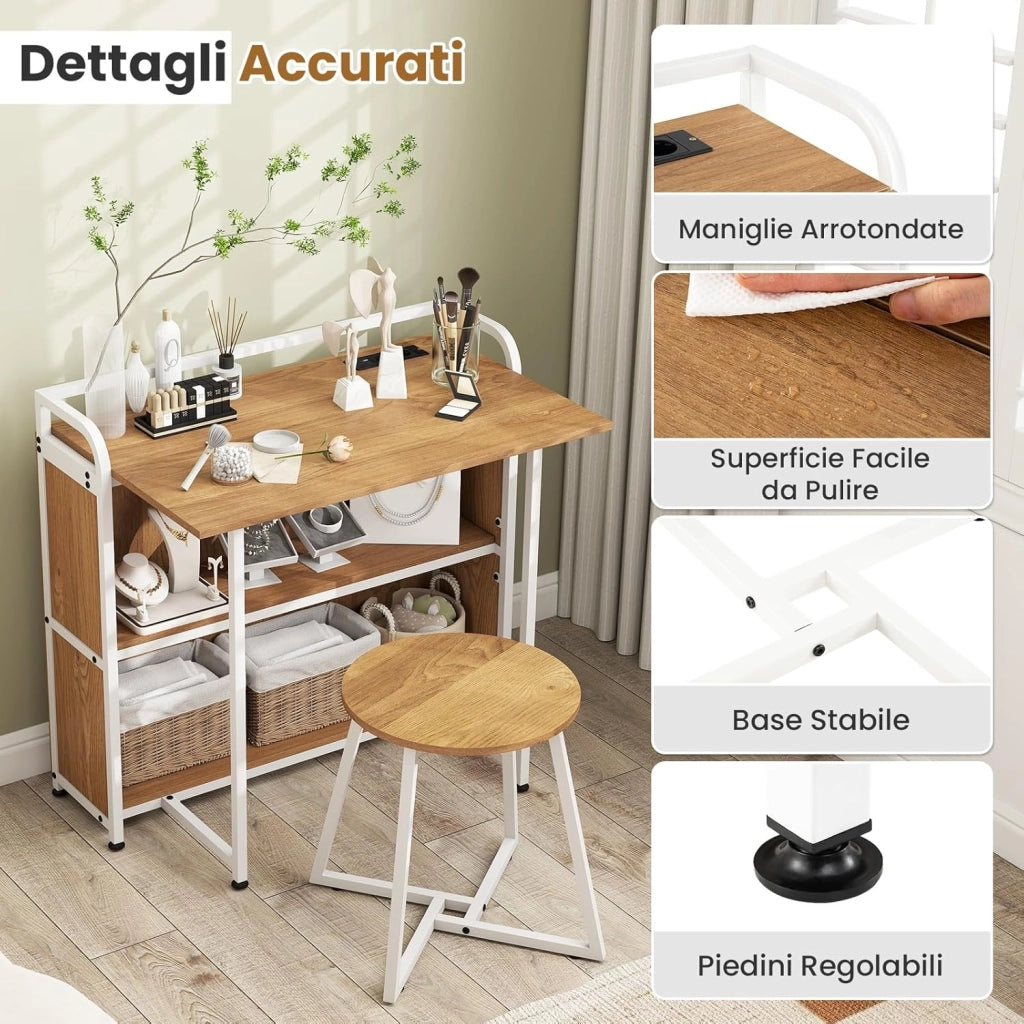 Scrivania Pieghevole con Sgabello, Scrivania Portatile con Scaffale e Stazione di Ricarica, Tavolo da Scrittura con Sedia per Studio e Ufficio (Naturale)