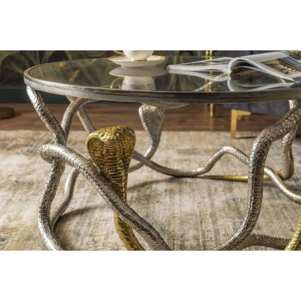 Tavolino basso VIPEREA rotondo 67 cm in alluminio argentato e dorato con vetro temperato