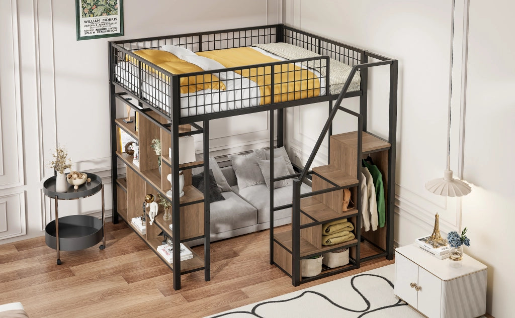 Letto a castello nero in metallo e legno con funzione contenitiva 140x200 cm