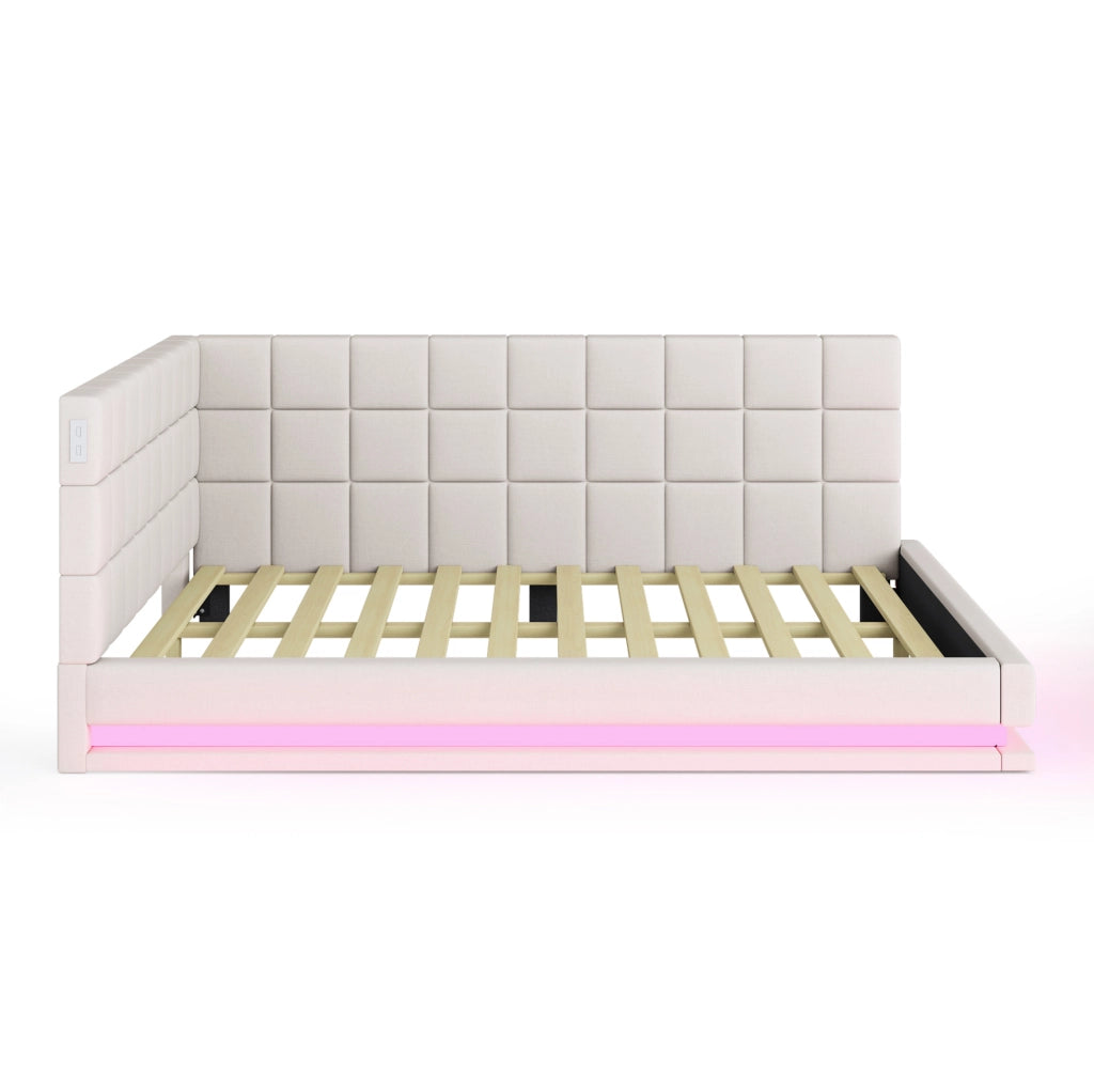 Divano letto 160x200 in tessuto beige con LED, USB e rete a doghe