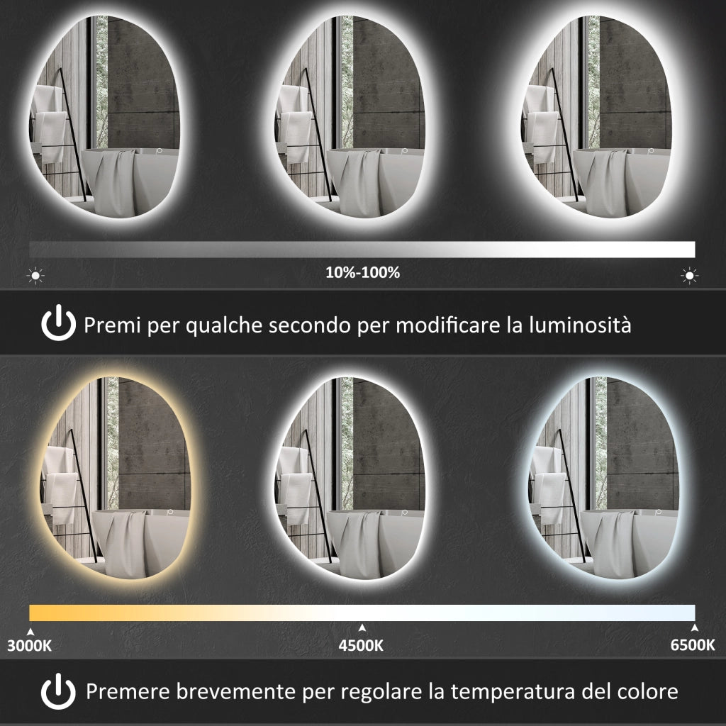 Specchio da Bagno Illuminato LED Regolabile ¨C Zephmum ¨C Argento Vetro Temperato 80x60x5 cm
