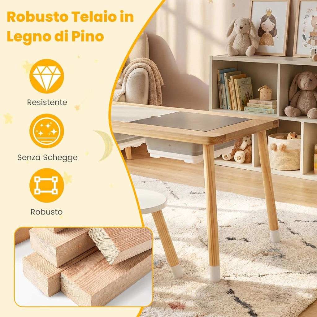Set Tavolo con 2 Sedie per Bambini 3+ Anni, Tavolo e Sedie con Piano Doppio Lato Rimuovibile e 2 Contenitori, Gambe Robuste in Legno, Tavolo Attività per Gioco e Disegno (con Sedie Rotonde)