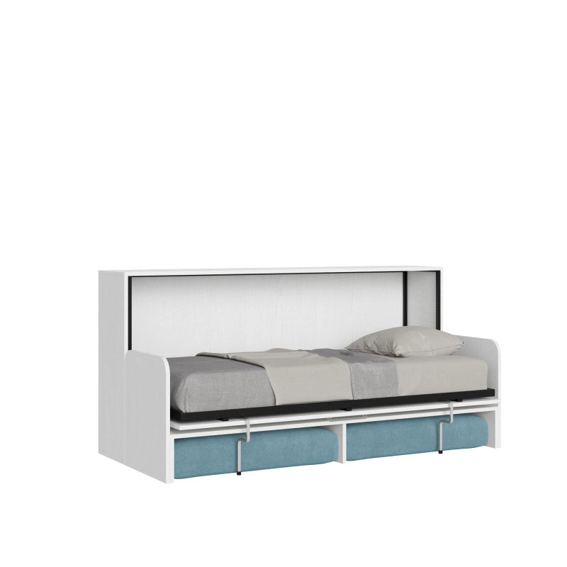 Letto singolo a scomparsa Kando con divano con materasso , azzurro - Bianco Frassino