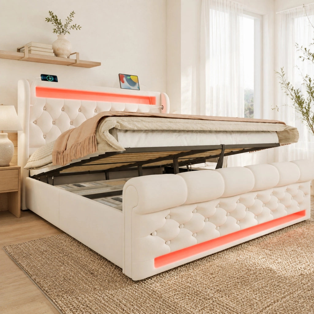 Letto matrimoniale imbottito 160x200 cm in velluto beige con LED; contenitore e USB Type-C