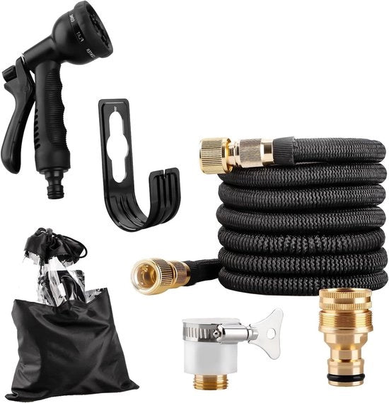 Sistema di irrigazione estensibile per giardino con 8 funzioni, sbriciolatore e adattatore di spruzzo in ottone - 30 metri - Giardinaggio e lavaggio auto - Incluso chiodo di fissaggio