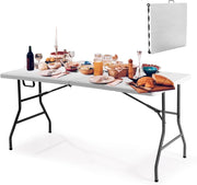 Tavolo Pieghevole e Portabile da Campeggio, Tavolino da Esterno in HDPE con Piedini Antiscivolo, Tavolo da Giardino Rettangolare da Picnic, Spiaggia, Feste, Bianco, 153 x 74 x 73 cm