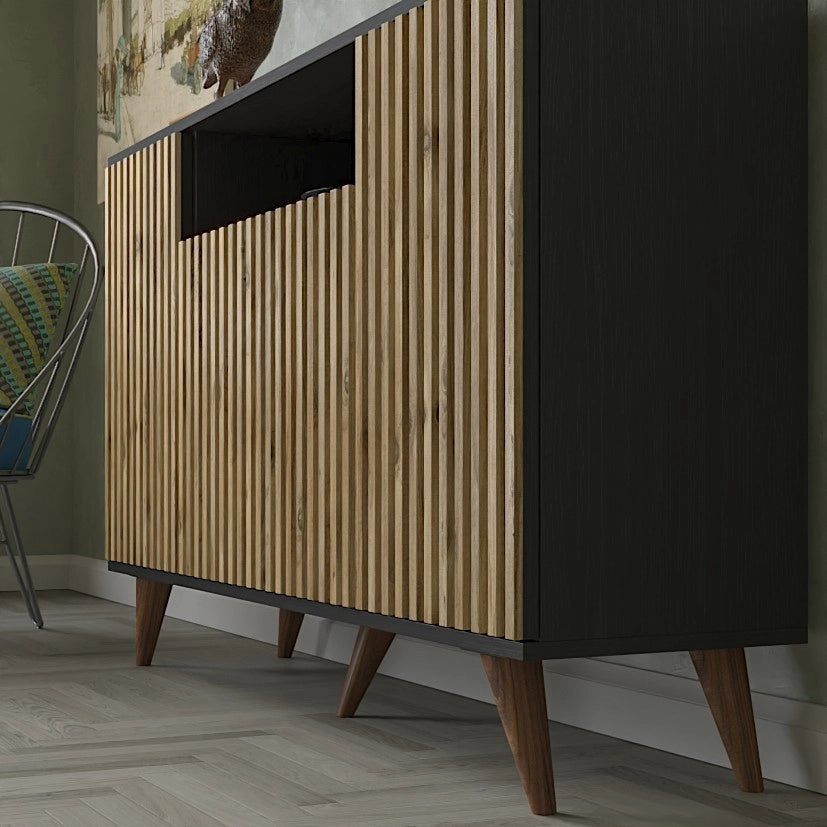 Credenza in legno "FRN-9004-1" - 140 x 35 x 91 cm - Legno, Nero, Pino Atlantico