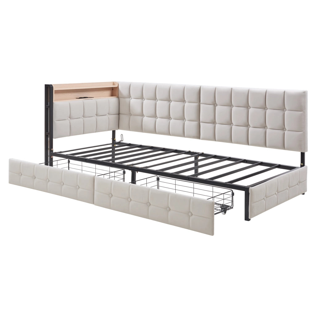 OKWISH Letto Divano 90×200 cm, Letto Singolo con 2 Cassetti, LED Regolabile e USB e Tipo C, senza Materasso, in Tessuto, Beige