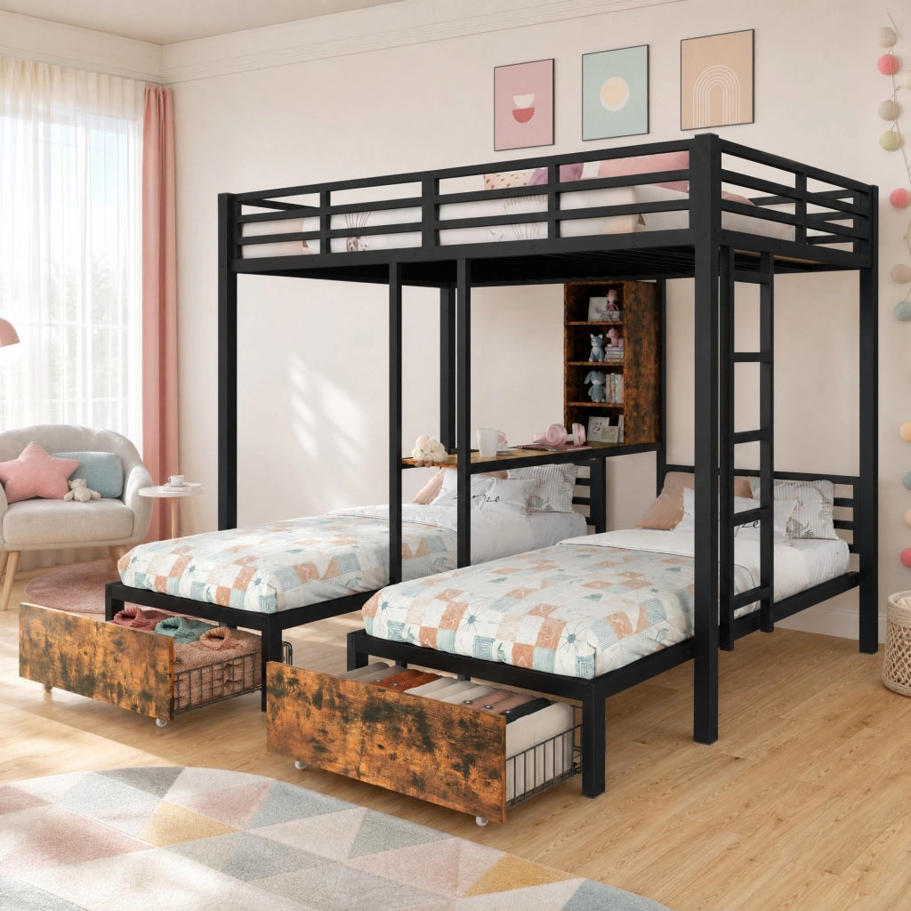 DESMIU Lit a castello 3 posti 140 × 200 cm e 90 × 200 cm con contenitori, 2 cassetti, senza materasso, in metallo e MDF, nero