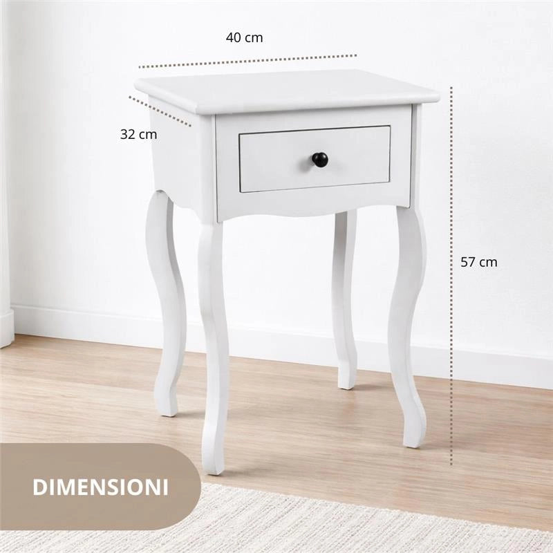 MA MAISON COMODINO BIANCO IN LEGNO, TAVOLINO DA NOTTE SHABBY CHIC CON CASSETTO ESTRAIBILE PER CAMERA DA LETTO E SALOTTO
