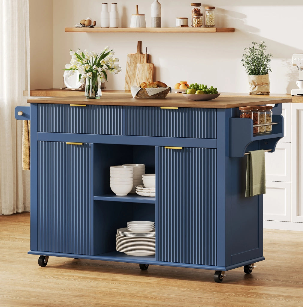 Isola cucina su ruote con piano ribaltabile 143 x 45 x 89;5 cm; MDF blu e marrone