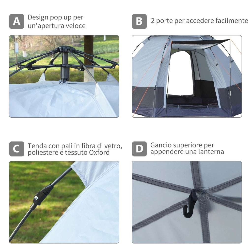 Tenda da Campeggio-Tenda per Escursionismo 2 Posti con Apertura Automatica e Accessori Inclusi,Tessuto Oxford e Fibra di vetro,Grigia e Nera