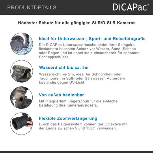DiCAPac WP-S10 Borsa impermeabile per fotocamera DSLR con obiettivo, custodia subacquea, protezione dall'acqua fino a 5 metri di profondità, nero e marrone scuro