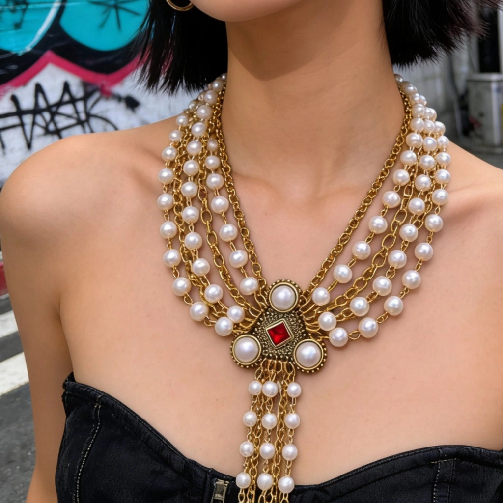 Collana vintage a pi¨´ strati con catena in metallo e perle