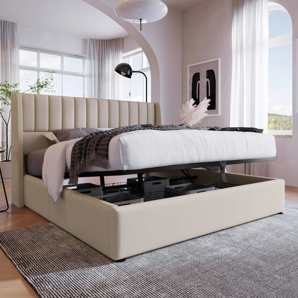 Letto con contenitore - Xylo - 180x200 - Beige - Sollevamento idraulico