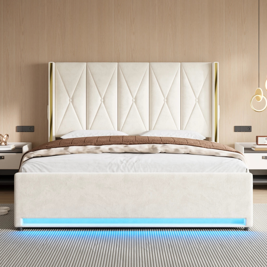 Letto Contenitore 180x200 cm Matrimoniale con USB; Type-C; LED e Tasche - Beige