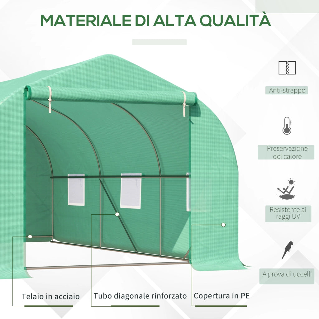 EasyComfort Serra per Orto a Tunnel 4.5x3x2m con Tetto Spiovente in PE e Tubi d'Acciaio Verde Scuro