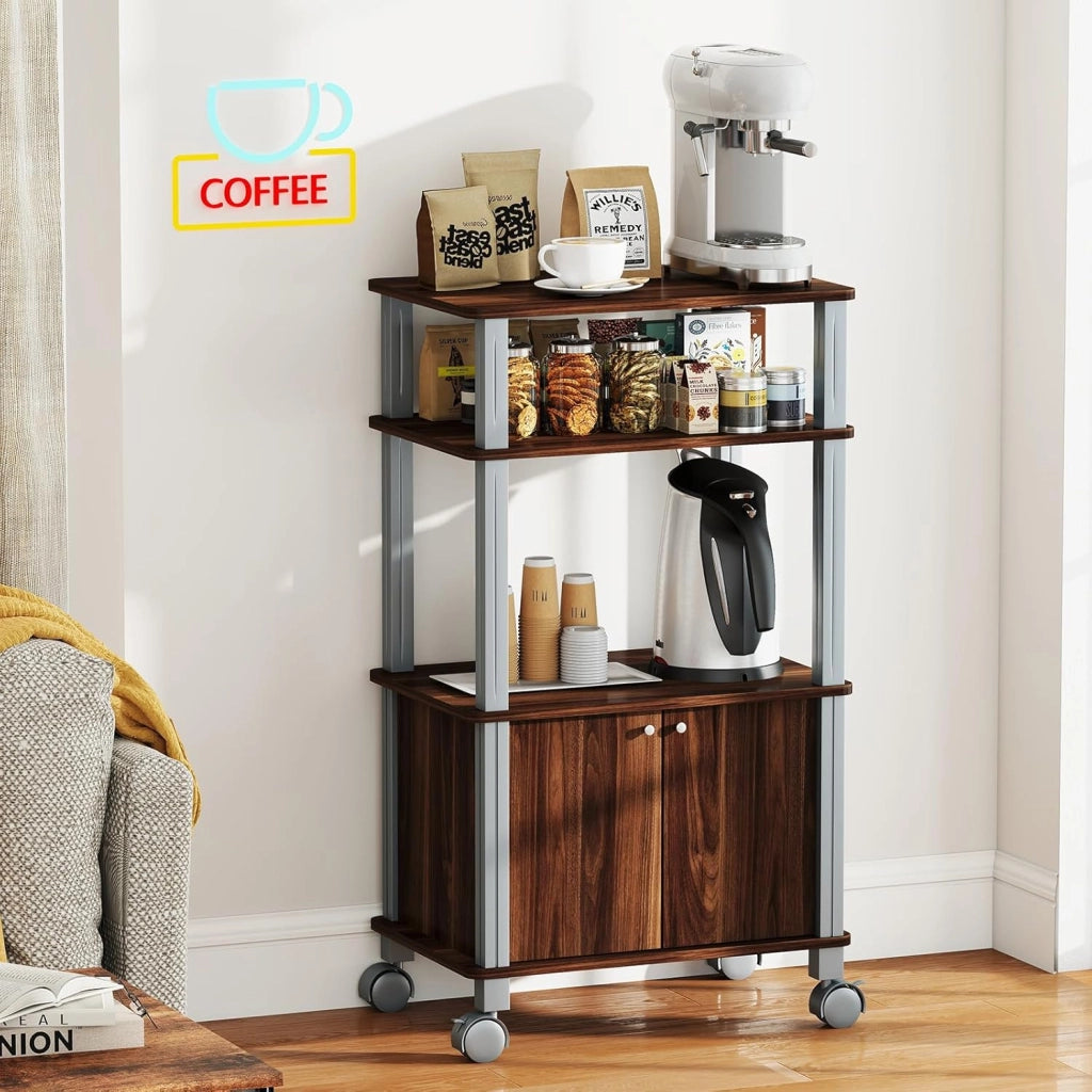 Scaffale da Cucina per Microonde Carrello da Cucina, con Ruote e 2 Ante, Multifunzionale e Movimento Flessibile, 60x40x98 cm (Caffè)