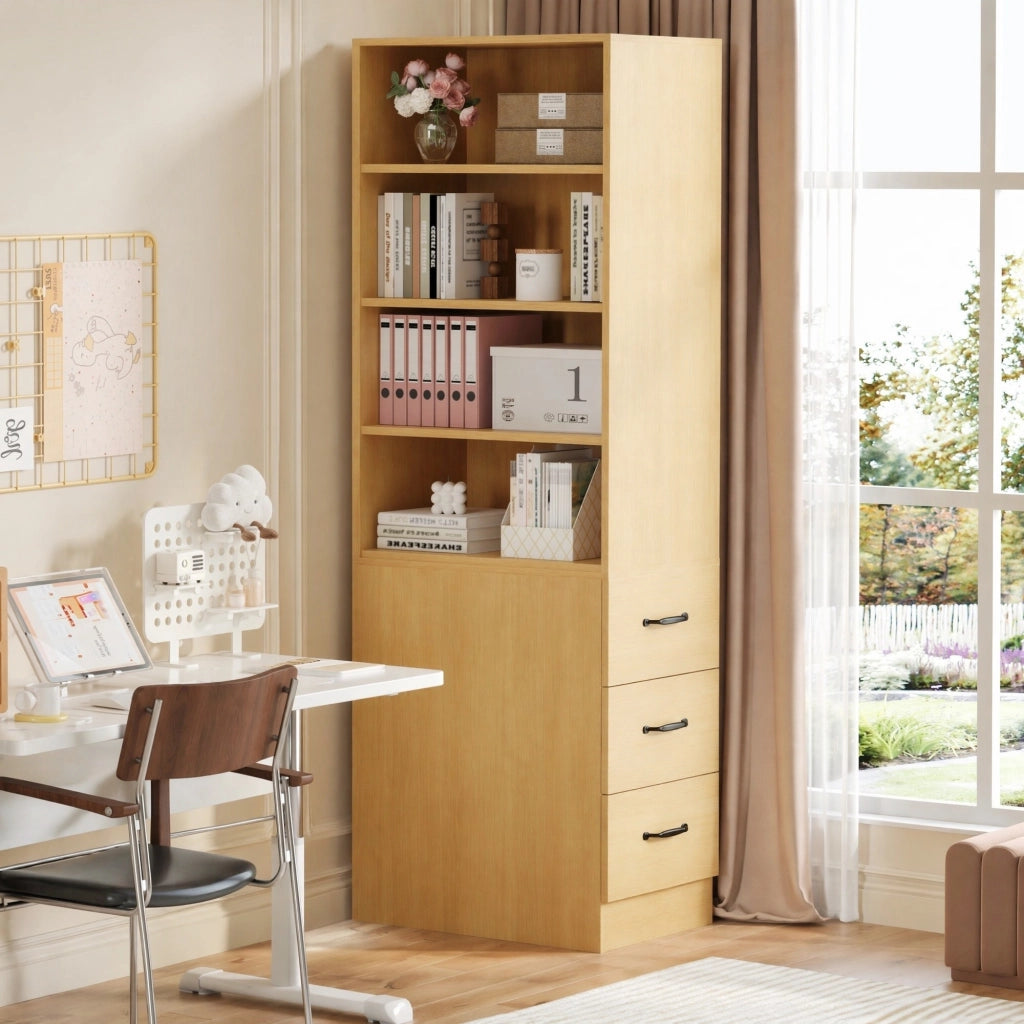 Libreria alta slim 180 cm con cassetti laterali, ripiani regolabili, colore rovere, per spazi piccoli
