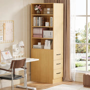 Libreria alta slim 180 cm con cassetti laterali, ripiani regolabili, colore rovere, per spazi piccoli